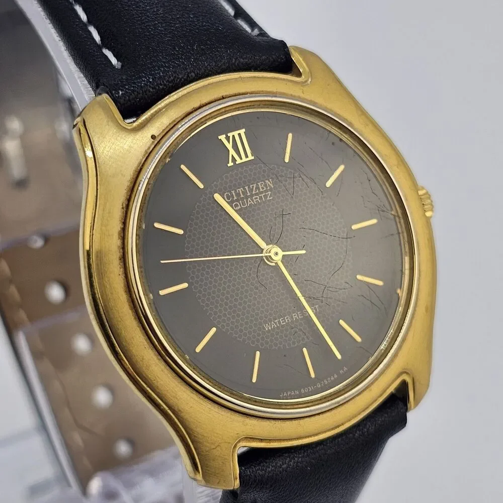 VTG‎ Citizen Men's Watch 35MM Black Dial New Black Leather Bands New Battery